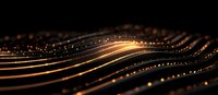 Glowing golden waves with sparkling particles flow across dark background creating dynamic abstract pattern with light trails and bokeh effect.