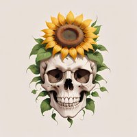 Artistic human skull with bright sunflower crown and green leaves on neutral background. Gothic floral composition combines dark and light elements in modern style.
