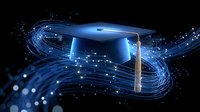 Futuristic graduation cap with digital light trails and glowing particles on dark background representing online education and academic achievement in technology.