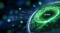 Glowing green digital vortex with binary code streams and text on dark background represents big data and information technology concept for business analytics.