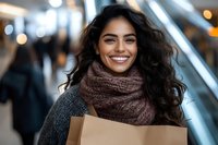 Young woman with long dark curly hair wearing knit scarf and sweater holding shopping bag, smiling broadly at mall escalator with blurred background and bokeh lights.