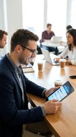 Smiling businessman using tablet computer during team meeting in modern office conference room with colleagues working in background.