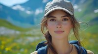 Young Caucasian woman with braided hair wearing baseball cap smiles outdoors against mountain landscape with wildflower meadow in summer sunlight.