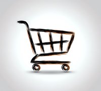 Artistic brush stroke shopping cart icon on white background, minimalist black and copper design for e-commerce and retail applications.