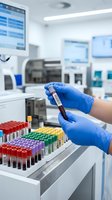 Medical laboratory technician in blue gloves examining blood sample tube in modern clinical lab with colorful test tubes for healthcare diagnostics and research.