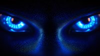 Glowing blue digital eyes created from particle effects against dark background, representing artificial intelligence and future technology.