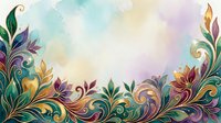 Ornamental floral border with swirling leaves and blooms in gold, purple, and teal on watercolor background. Isolated design element for invitations, cards, and decorative projects.