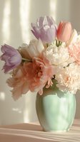 Soft pastel bouquet of peonies and tulips in mint green ceramic vase with gentle window light creating dreamy atmosphere for home decor.