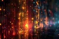 Abstract digital light streams with glowing orange and red bokeh effects against dark background create futuristic technology pattern for tech designs.