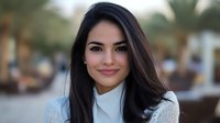 Young Hispanic woman with long dark hair and bright smile wearing white turtleneck and knit sweater outdoors, natural soft lighting creates professional headshot style portrait.