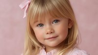 Sweet young girl with blonde hair and blue eyes wearing pink bow and white dress smiles warmly against soft pink background, perfect for family portraits.