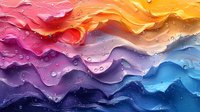 Colorful wavy layers with water drops creating abstract rainbow pattern. Vibrant gradient from pink and orange to purple and blue tones with liquid texture.
