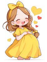Cheerful kawaii pregnant girl in yellow dress and bow laughing with hearts around, cute anime chibi style character on white background for maternity design.