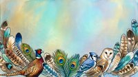 Colorful bird feathers border with peacock plumes, pheasant and owl feathers arranged in decorative frame on textured background for nature designs.