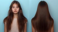 Young Asian woman with long straight brown hair shown from front and back view against blue background, demonstrating healthy, shiny hair texture for beauty industry.