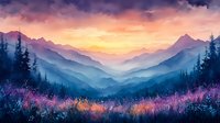 Dreamy mountain landscape at sunset with purple wildflowers in foreground and layered misty peaks stretching into distance against orange and pink sky.