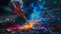 Magical moment captured as paintbrush touches ground creating explosion of vibrant blue and orange sparks against dark background, artistic fantasy concept.