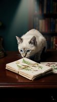 Adorable Siamese kitten with blue eyes exploring vintage botanical book on wooden desk in cozy library setting with warm atmospheric lighting.