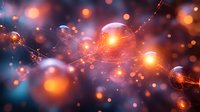 Glowing orange and blue neural network visualization with interconnected nodes and synapses creating abstract futuristic pattern against dark background.