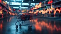 Empty shopping cart against blurred stock market chart background with red neon lights reflecting on dark surface, representing retail trading concept.