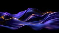 Flowing abstract waves in deep purple and gold colors create dynamic motion against black background with glowing particles and smooth gradients.