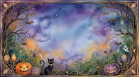 Halloween night sky with ornate gothic border, jack-o-lanterns, black cat, bats and twisted branches creating mystical autumn frame for seasonal designs.