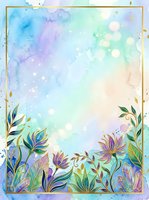 Watercolor floral frame with soft pastel gradient background, gold border, and blooming flowers at bottom. Isolated design ready for invitations, greeting cards, and decorative projects.