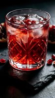 Pomegranate cocktail in crystal glass with ice on dark slate, red seeds scattered around, moody bar atmosphere for menu or food blog.