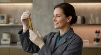 Female scientist in lab coat examining yellow liquid sample in test tube while wearing protective gloves in modern laboratory setting for research analysis.