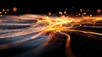 Abstract glowing orange light trails with sparkles and bokeh effects on dark background create dynamic flowing energy pattern. Suitable for tech concepts.
