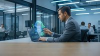 Middle-aged male professional in business attire working at laptop with holographic globe projection in modern office environment, representing global business, technology innovation, and international commerce.