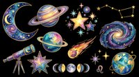 Astronomy and space themed celestial objects isolated on transparent background, including crescent moon, planets, stars, telescope, comet, and galaxy. Ready for t-shirt design, clipart, stickers, sublimation, and print-on-demand products.