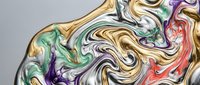 Abstract liquid metal swirls with rainbow iridescent colors flowing in organic shapes on gray background for modern digital art and creative design projects.