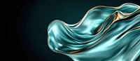 Luxurious turquoise silk fabric flowing with golden edges against dark background creates elegant wave-like motion, suitable for luxury fashion and beauty advertising.