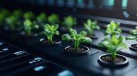 Young green plant seedlings growing in hydroponic system with LED lighting, modern sustainable agriculture technology for indoor farming and urban gardening.