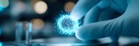 Medical researcher in protective gloves examining glowing blue molecular structure in laboratory setting with test tubes and bokeh background. Scientific research concept.