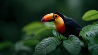 Vibrant toco toucan perched among lush green foliage in natural habitat, side view of exotic tropical bird with distinctive orange beak against dark background.