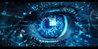 Digital biometric eye scan with futuristic interface elements and blue technology visualization perfect for cybersecurity, artificial intelligence and digital identity concepts.