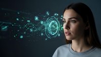 Young woman looking at futuristic holographic interface with glowing digital elements and data visualization for technology and innovation concepts.