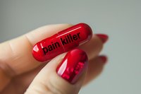 Red transparent capsule with pain killer text held between fingers with matching red manicured nails against blurred background. Medical and pharmaceutical concept.