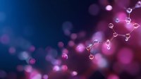 Glowing molecular structure with pink and purple bokeh effect on dark blue background creates futuristic scientific atmosphere for chemistry and biology concepts.