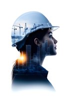 Double exposure profile of Asian female engineer in hardhat combined with construction cranes and city skyline, highlighting modern urban development and architecture.