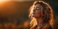 Young blonde woman with curly hair enjoying peaceful moment in warm golden sunset light, eyes closed in meditation and relaxation outdoors.