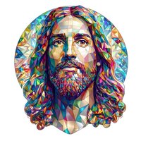 Colorful geometric portrait of bearded man with long hair in vibrant polygonal art style featuring rainbow triangular patterns and modern digital mosaic design.