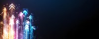 Glowing neon arrows pointing upward with light trails and particles on dark background, representing growth, success and digital advancement.