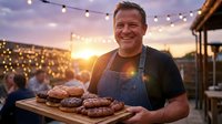 Middle-aged Caucasian man in apron grilling meat at outdoor barbecue party with string lights during golden hour sunset creating warm atmosphere.