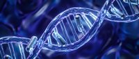 DNA double helix structure with glowing blue molecular chains for genetics research, biotechnology and medical science applications.