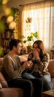 Young Caucasian man proposing to surprised blonde woman with engagement ring in cozy living room with warm lighting and plants during romantic moment.