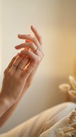 Elegant female hands with gold rings in warm sunlight creating soft shadows and peaceful atmosphere for beauty and wellness concepts.