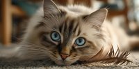 Adorable ragdoll kitten with striking blue eyes lying on soft carpet in cozy home interior. Fluffy domestic cat portrait for pet care and animal lover content.